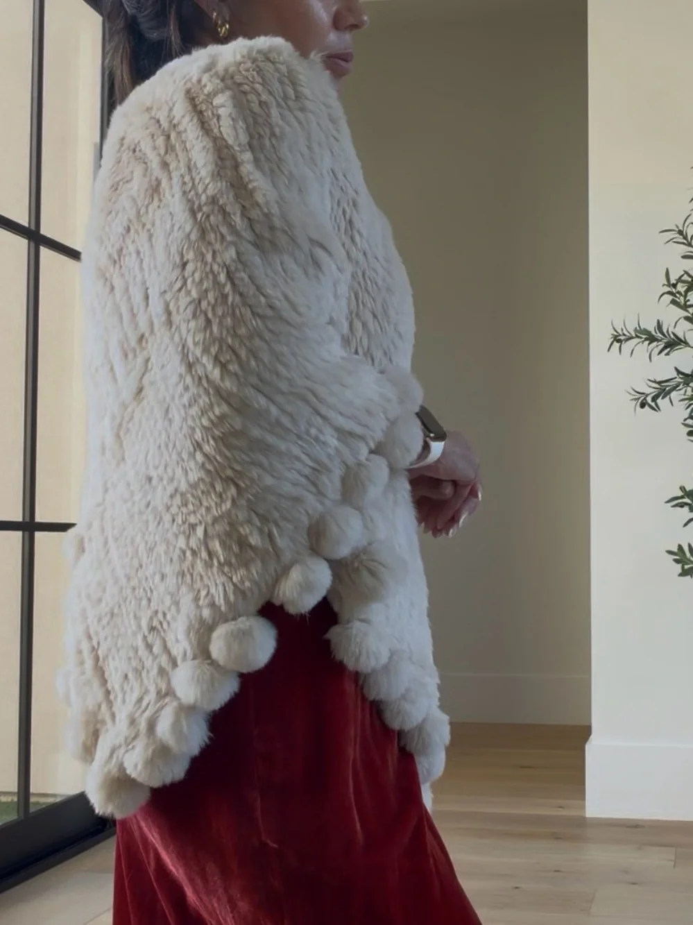 Cream Pom-Pom Faux Fur Poncho -
